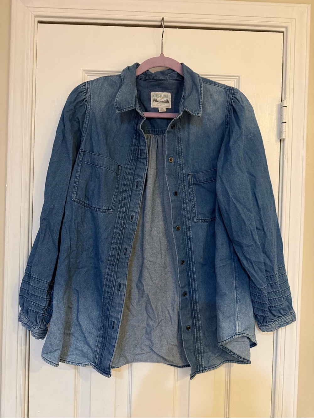 American Eagle Outfitters Washed Denim Button-Down Shirt - Blue